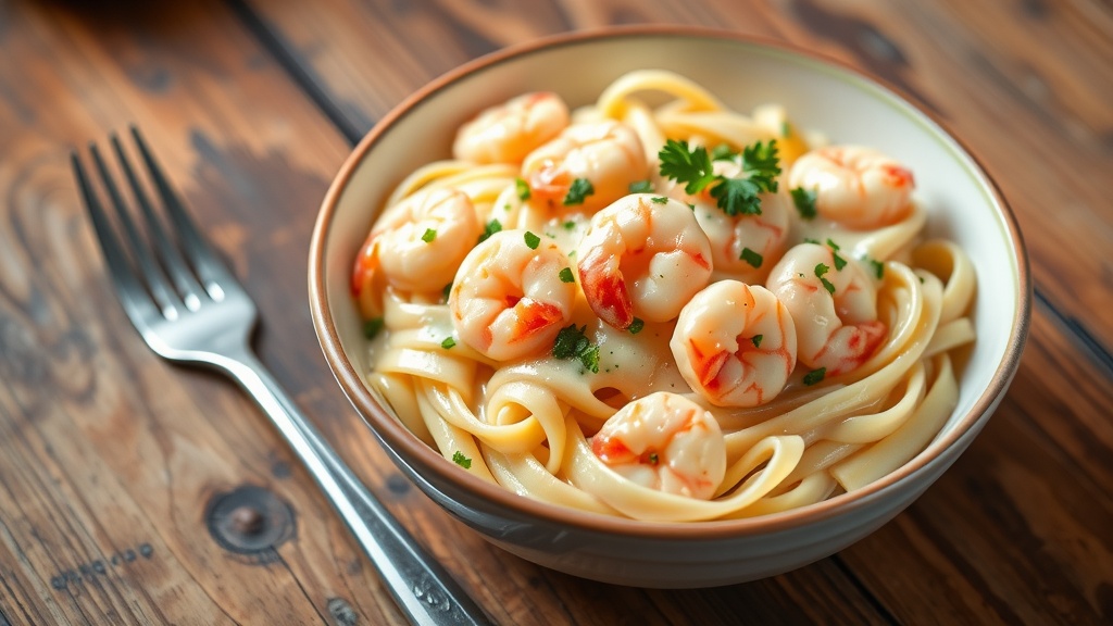 Creamy Shrimp Alfredo Pasta Recipe A delicious plate of Shrimp Alfredo Pasta with shrimp, fettuccine, and creamy sauce garnished with parsley.